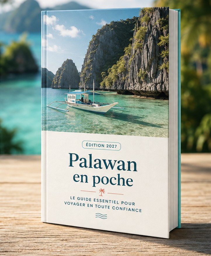 Le guide Palawan en poche, édition 2027, posé devant un lagon de Palawan